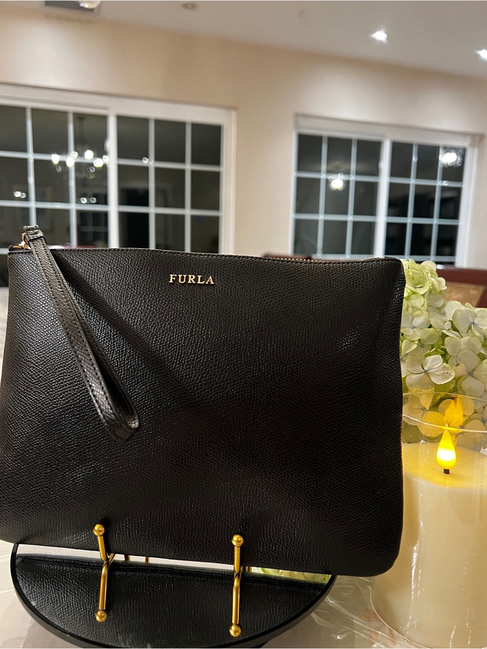 Furla Black Saffiano Leather Wristlet Clutch Pouch Gold Hardware